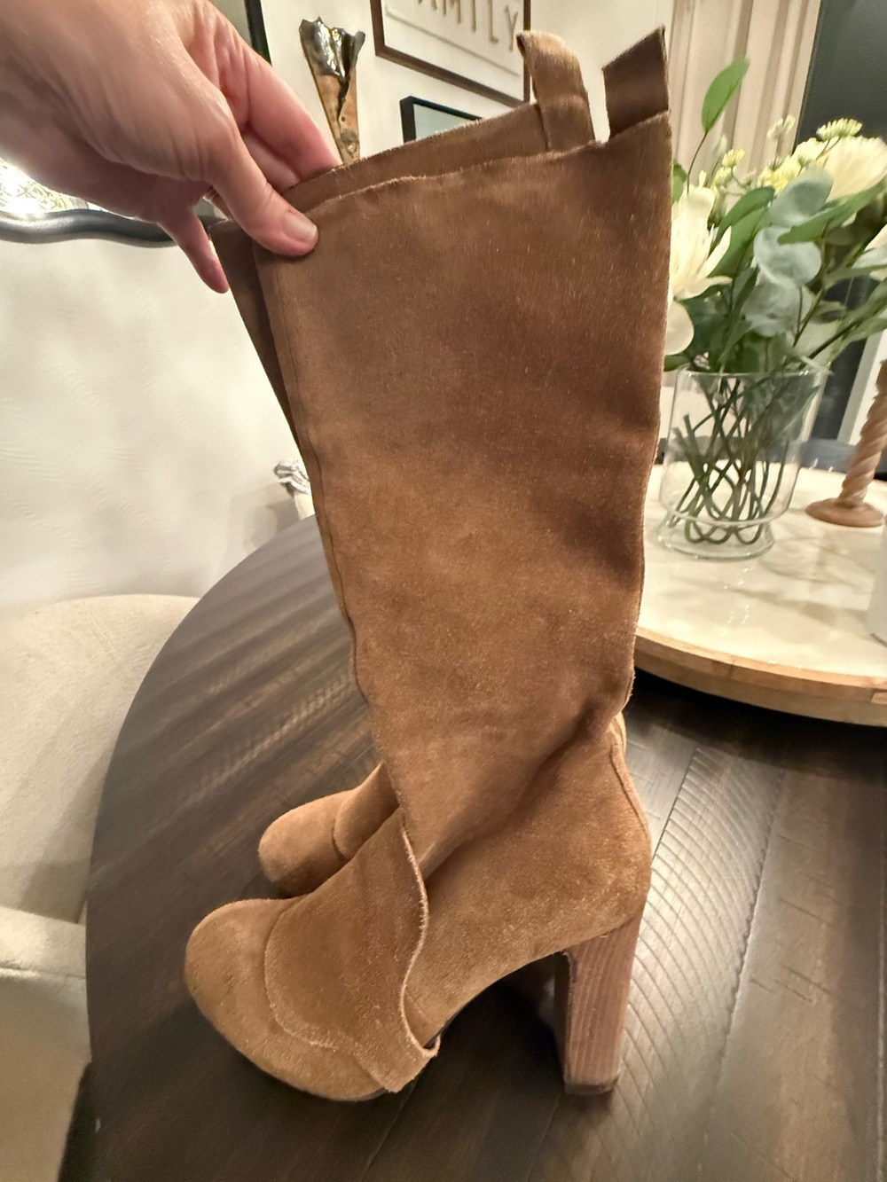 Vintage Camel Suede High-Knee Block Heel Boots
